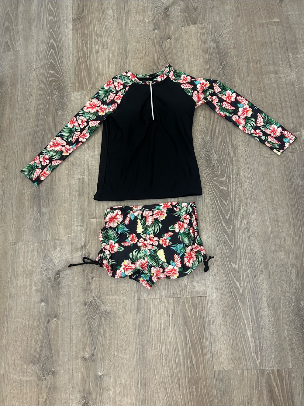 Unlisted Black Rash Guard Swim Set with Pink and Green Hibiscus